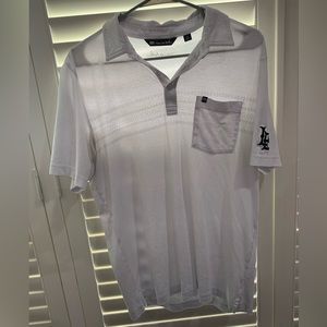 Travis Mathew white Long Beach State University golf polo shirt
